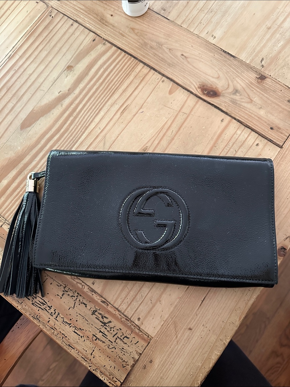 Gucci Soho Black  Patent Leather Tassel Wallet Clutch